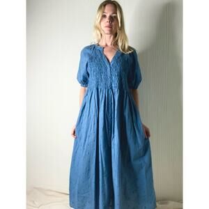 MNG Cotton Blue Smocked Puff Sleeve Maxi Dress NWT US 8